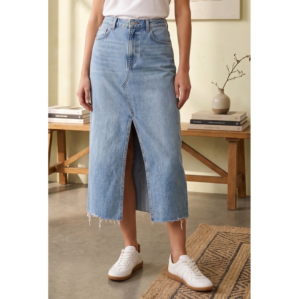 Y2K Denim Co High Rise Raw Hem Front Slit Denim Midi Skirt Women 12 Blue Classic